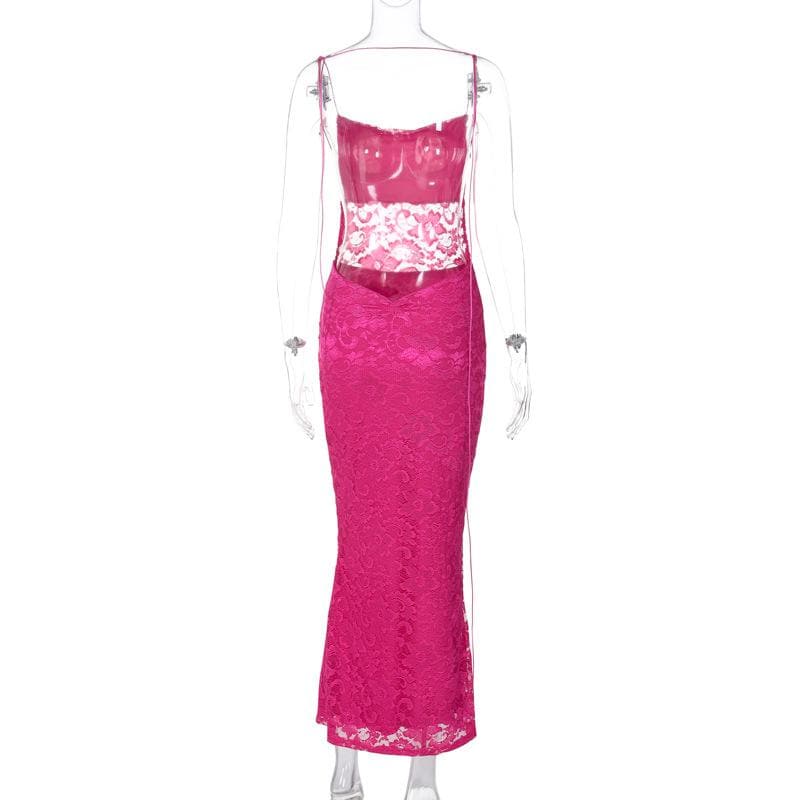 Floral Lace Spaghetti Strap Sheer Midriff Bodycon Maxi Dress 4