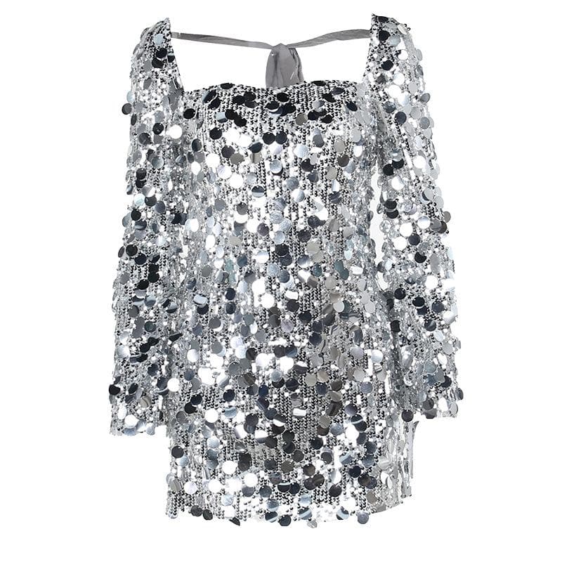 Large Sequin Paillette Square Neck Long Sleeve Mini Dress