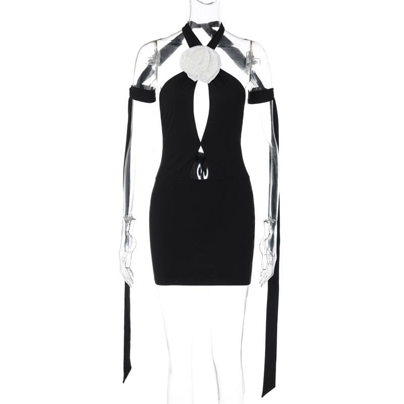 Flower Applique Halter Neck Cutout Cross Waist Bodycon Mini Dress 8