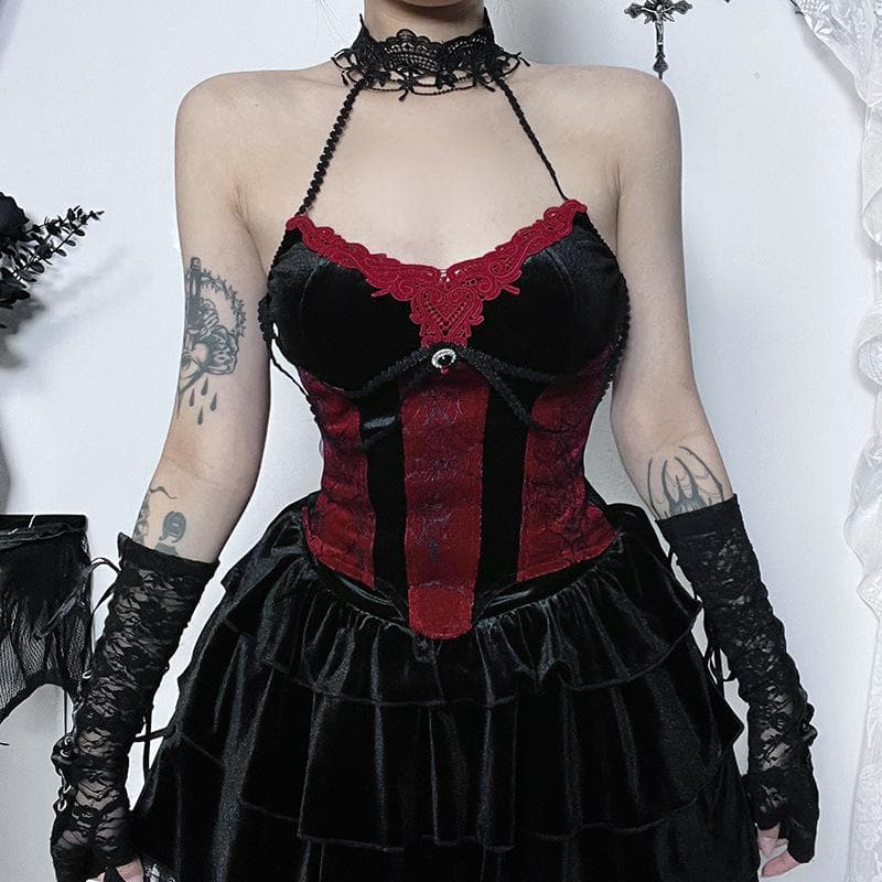 Halter Lace Trim Velvet Corset Tiered Train Skirt Set 7