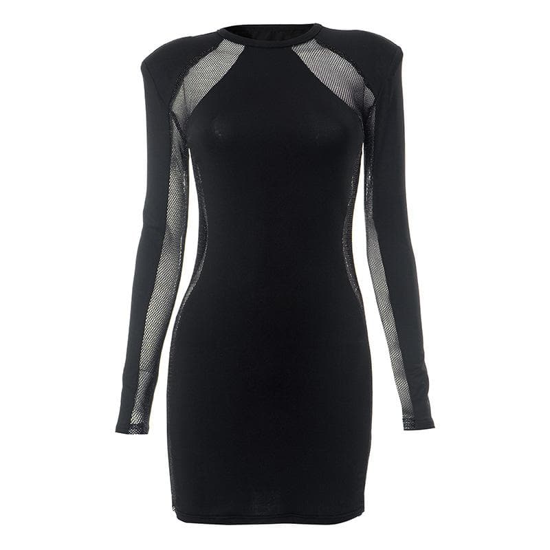 Mesh Patchwork Padded Shoulder Long Sleeve Bodycon Mini Dress