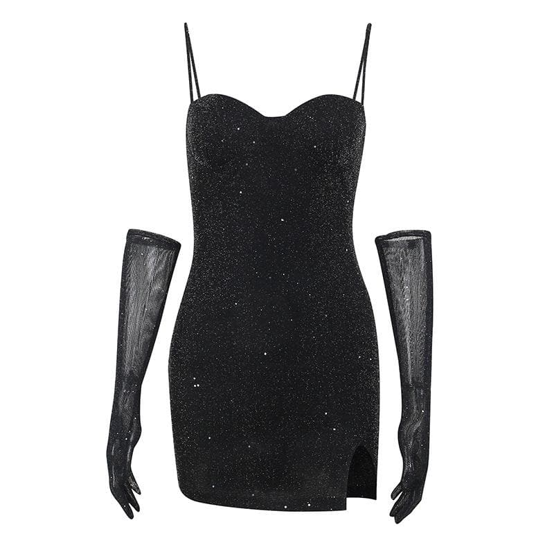 Glitter Sweetheart Spaghetti Strap Side Slit Cami Mini Dress