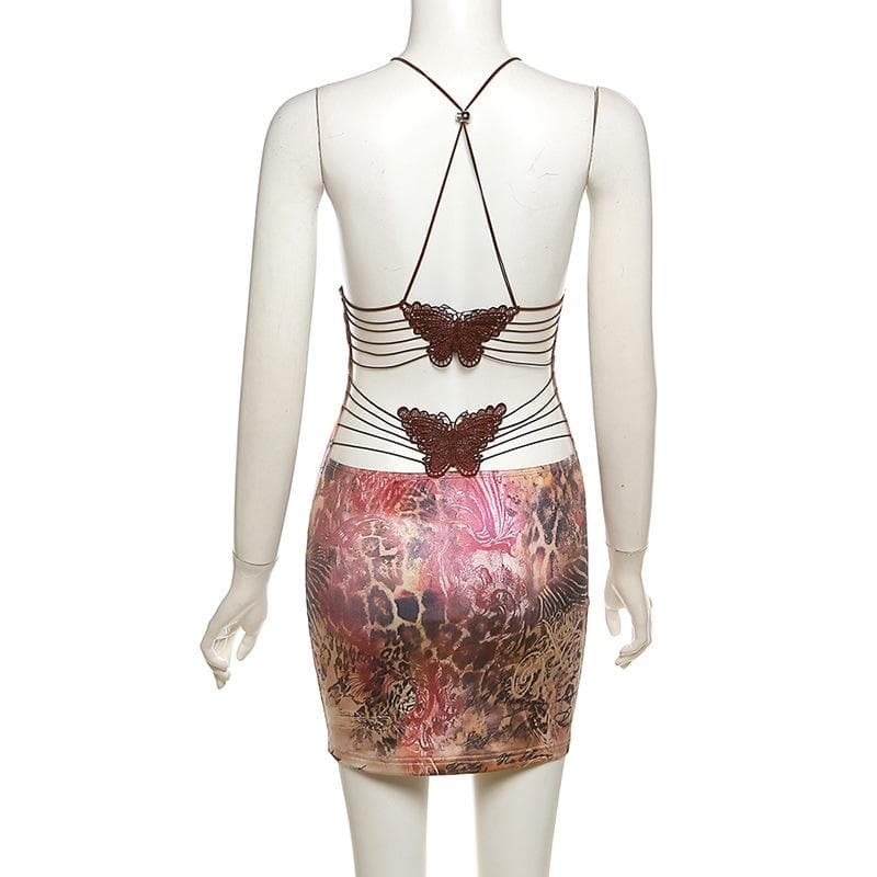 Deep V Dragon Print Cross Back Spaghetti Strap Bodycon Mini Dress 7
