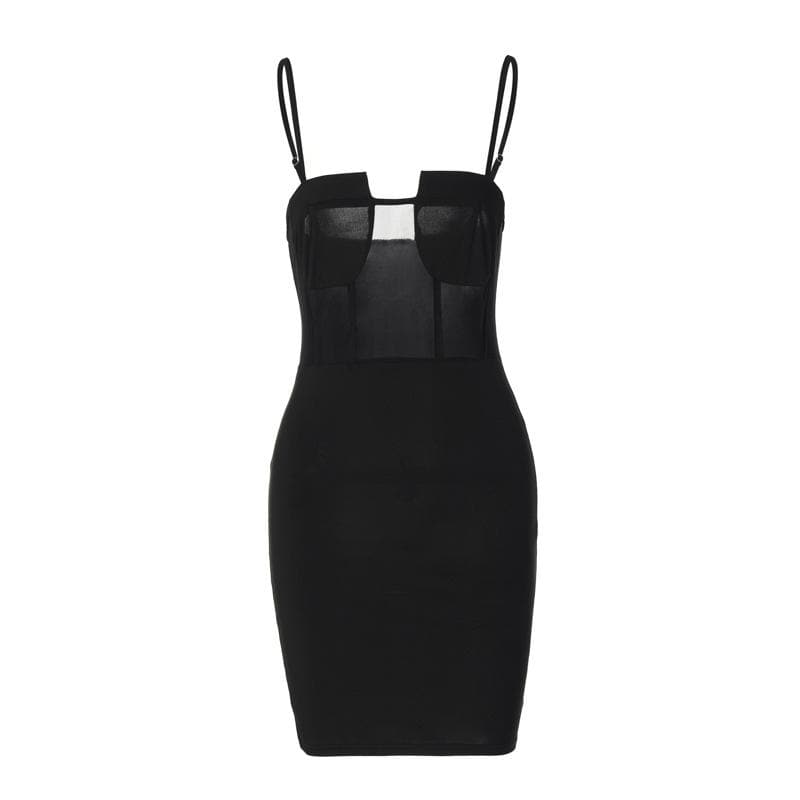 Mesh Panel Corset Notch Neck Spaghetti Strap Bodycon Mini Dress