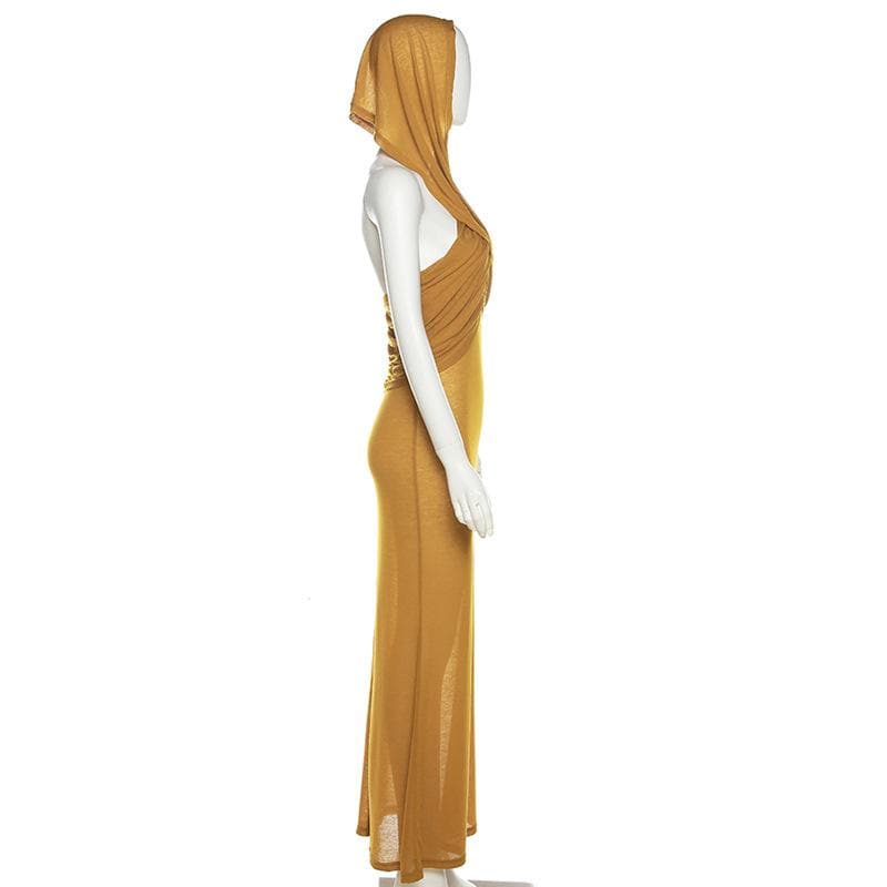 Hooded Cross Halter Ruched Sheer Overlay Bodycon Maxi Dress 6