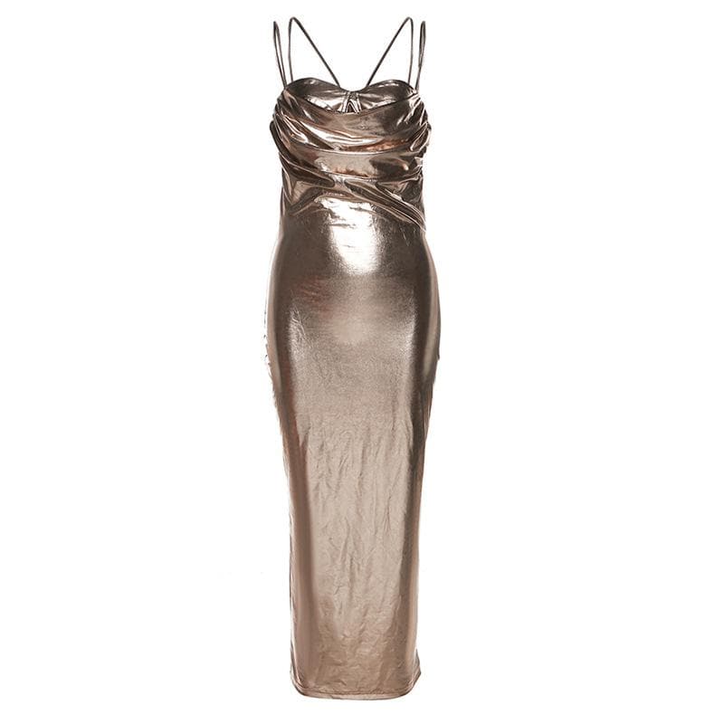 Metallic Sweetheart Ruched Spaghetti Strap Backless Maxi Dress