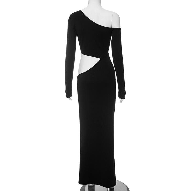 One Shoulder Long Sleeve Twist Front Teardrop Waist Cutout Bodycon Maxi Dress 3