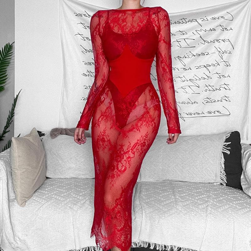 Floral Lace Crew Neck Long Sleeve Sheer Overlay Maxi Dress