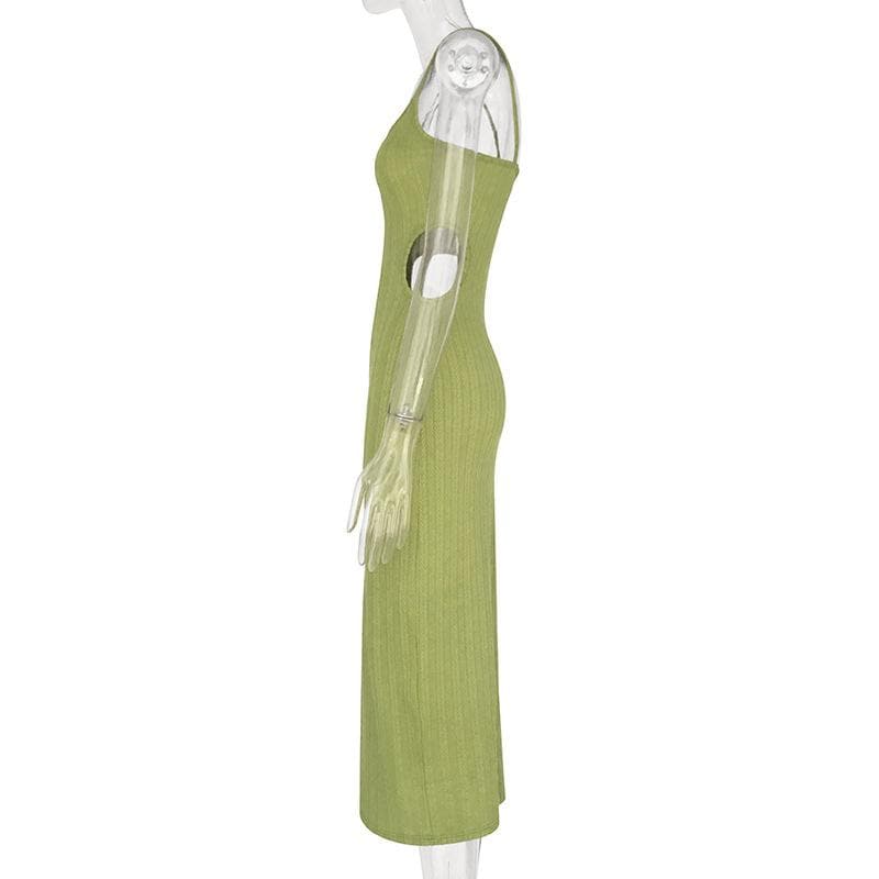 Scoop Neck Spaghetti Strap Textured Rib Knit Waist Cutout Bodycon Midi Dress 2