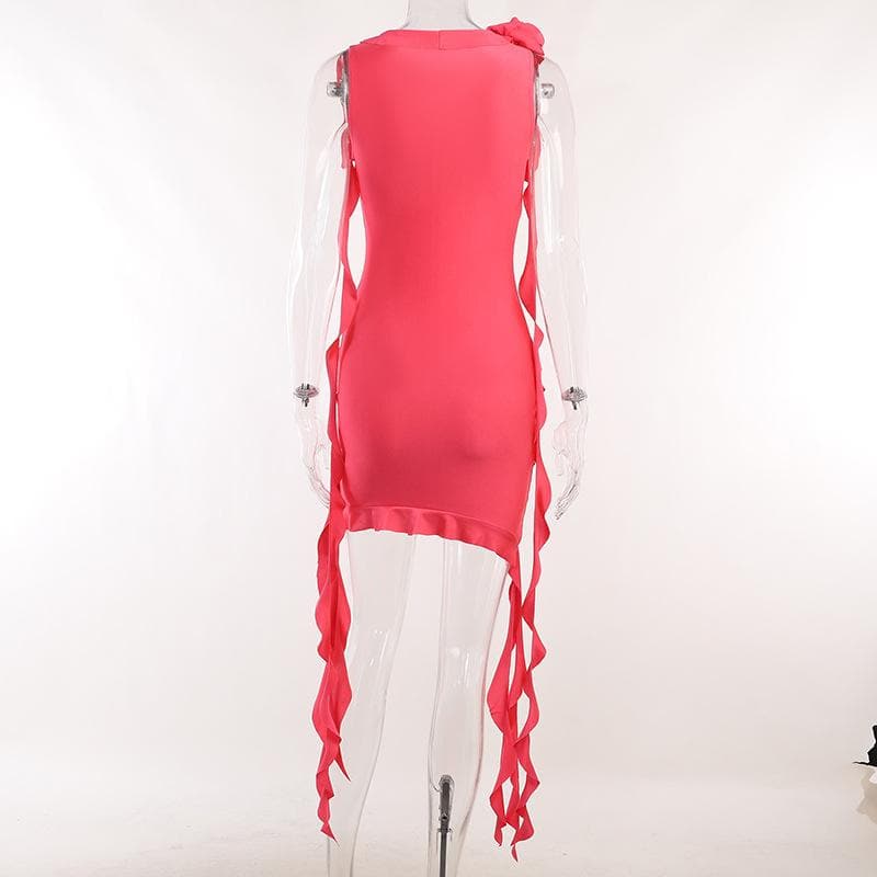 V Neck Floral Applique Ruffle Ribbon Asymmetric Hem Mini Dress 4
