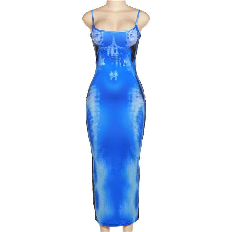 Square Neck Spaghetti Strap Trompe Loeil Contour Print Bodycon Maxi Dress 3