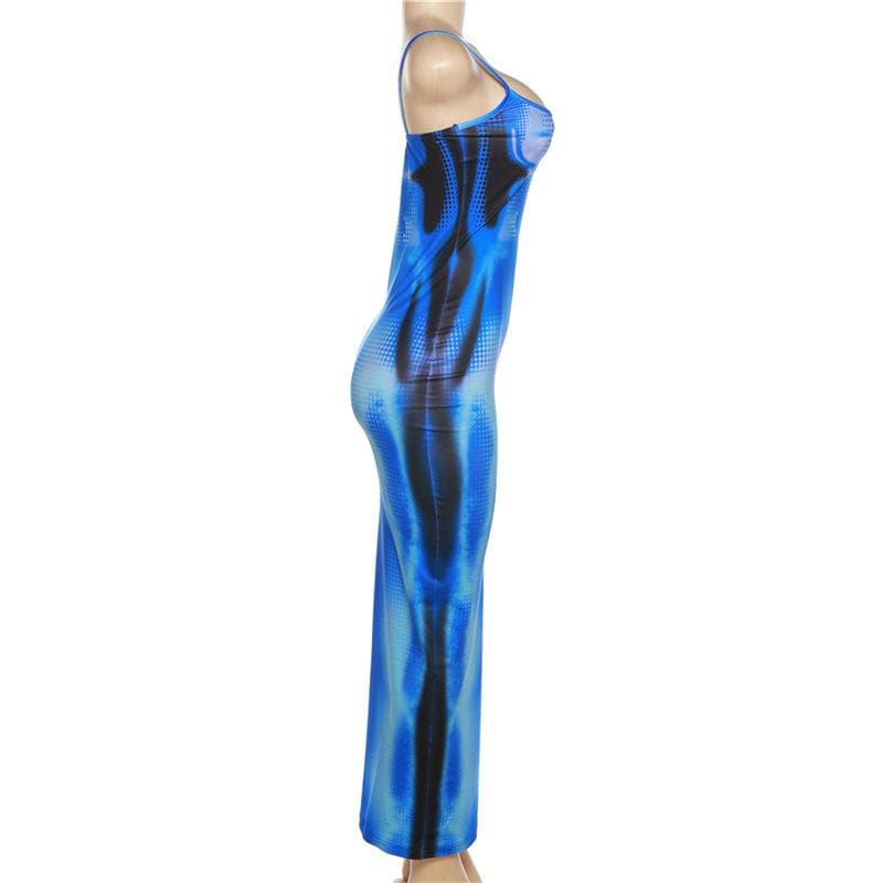 Square Neck Spaghetti Strap Trompe Loeil Contour Print Bodycon Maxi Dress 4