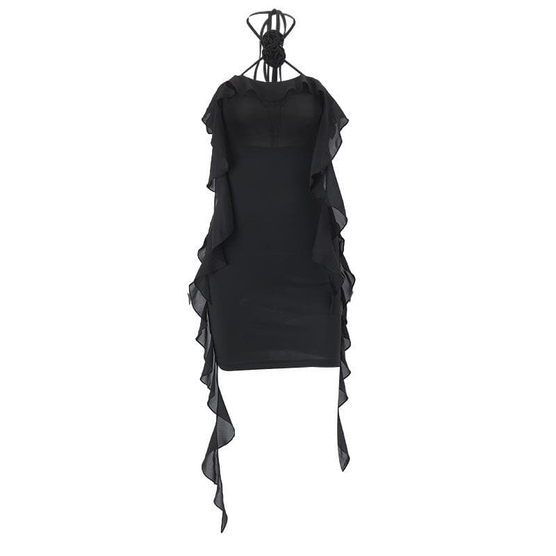 Halter Rosette Choker Side Ruffle Trim Bodycon Mini Dress 2