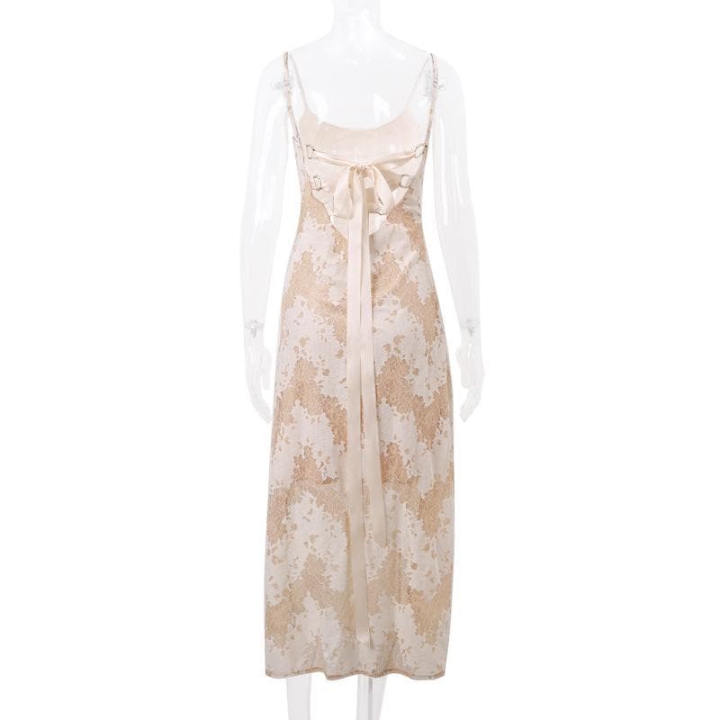 Floral Lace Open Back Ribbon Corset Lace Up Maxi Dress 5