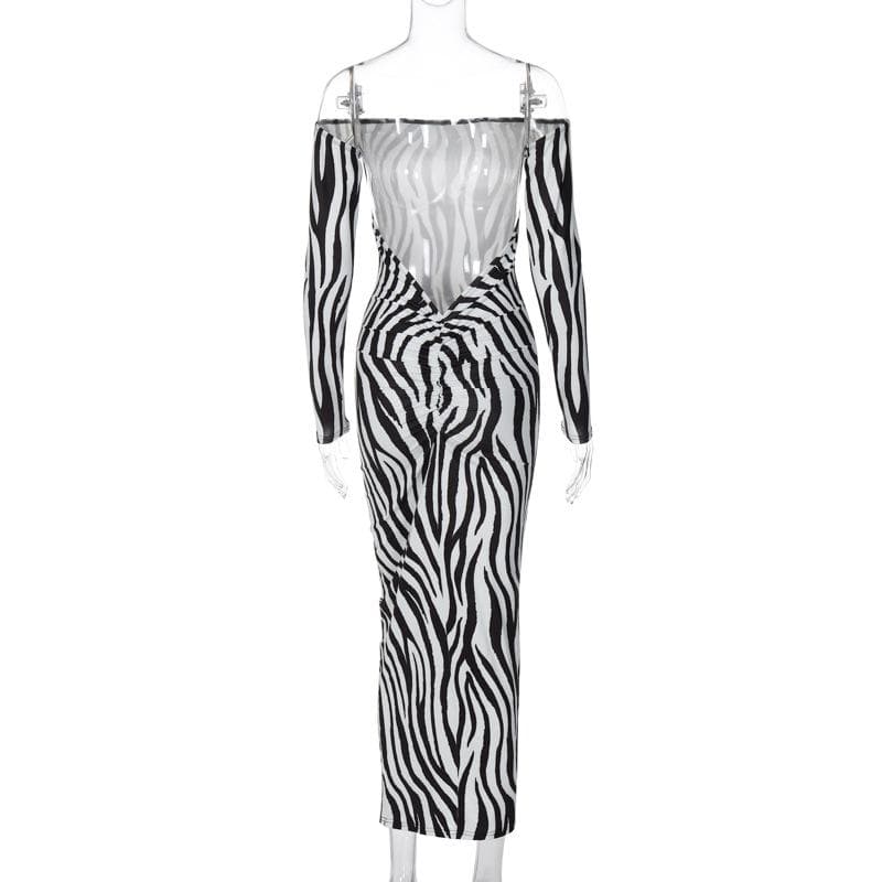 Off Shoulder Long Sleeve Zebra Print Bodycon Maxi Dress 4