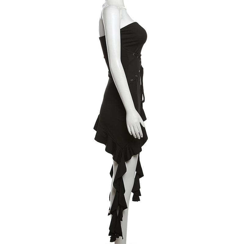 Strapless Lace Up Grommet Corset Ruffle High Low Hem Mini Dress 3