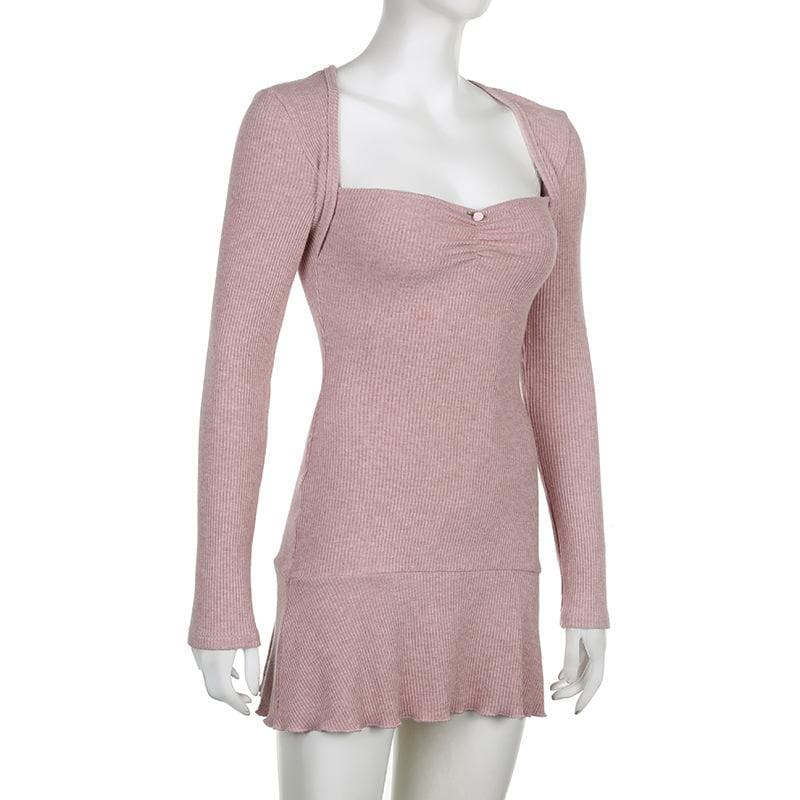 Sweetheart Neck Ribbed Knit Ruffle Shrug Long Sleeve Tube Mini Dress 3