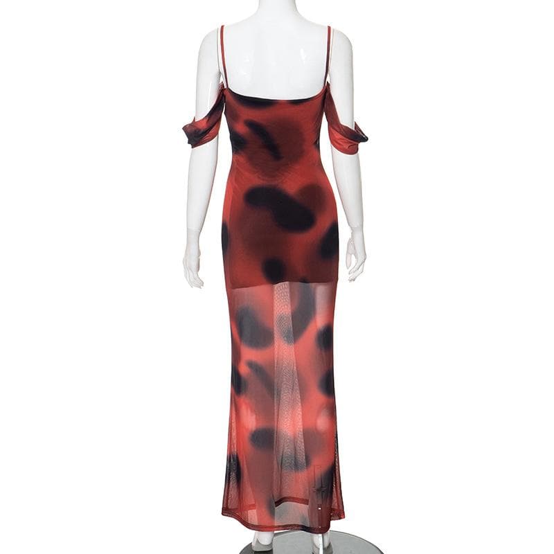 Off Shoulder Spaghetti Strap Blurred Dot Print Sheer Mesh Maxi Dress 3