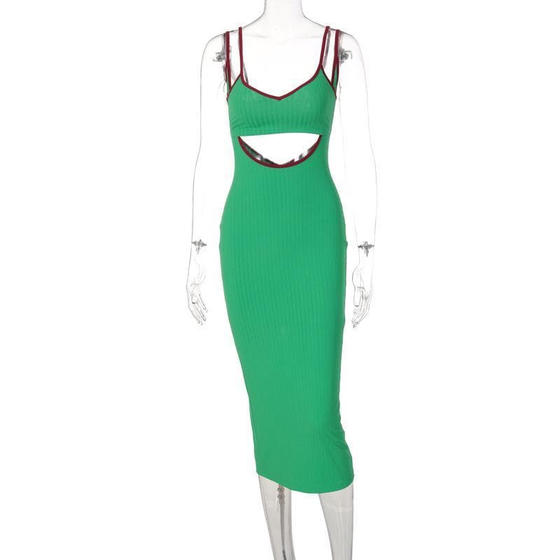 Rib Knit Scoop Neck Double Strap Contrast Trim Hollow Out Midi Dress 8