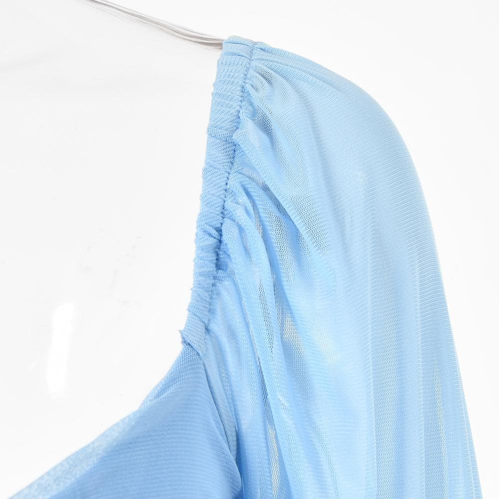 Strapless V-Notch Off Shoulder Puff Sleeve Ruched Mesh Mini Dress 19