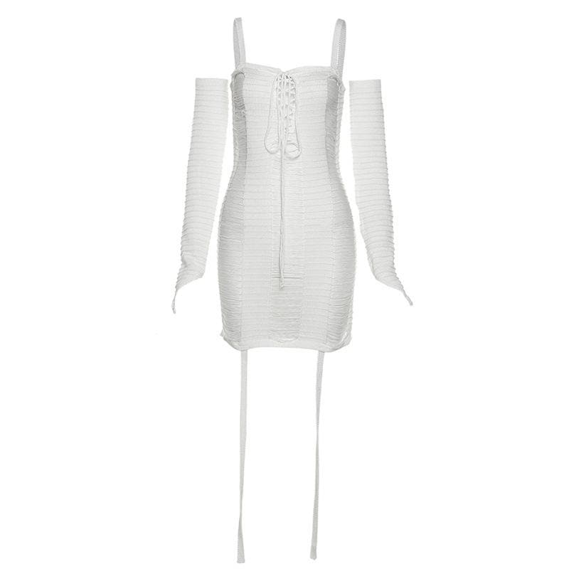 Ribbed Lace Up Detached Sleeve Hollow Out Mini Dress