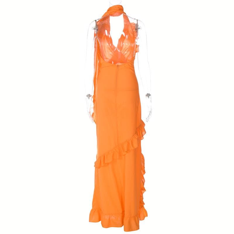 Halter Scarf Neck Surplice Ruffle Trim Maxi Gown 6