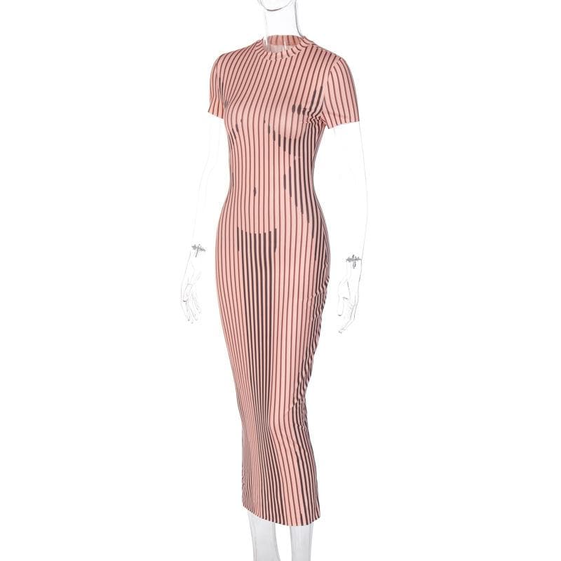 Optical Illusion Body Map Stripe Contrast Crew Neck Cap Sleeve Maxi Dress 5