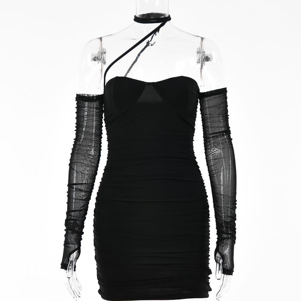 Sweetheart Neck Choker Strap Ruched Mesh Bodycon Mini Dress with Glove Sleeves
