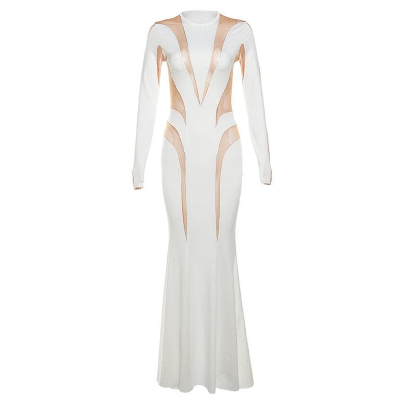 Mock Neck Long Sleeve Mesh Panel Patchwork Bodycon Maxi Dress