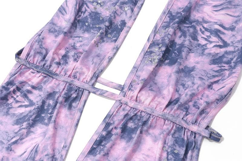 Halter Deep V Neck Lace Waist Ruffle Skirt Tie Dye Mini Dress 6