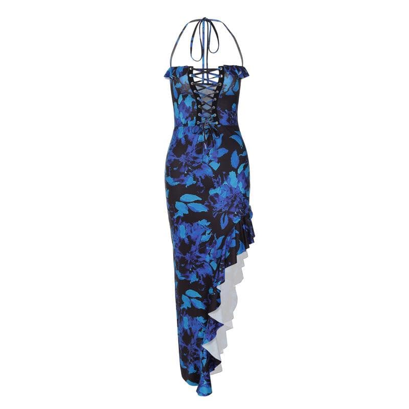 Halter Floral Print Lace-Up Ruffle Maxi Dress
