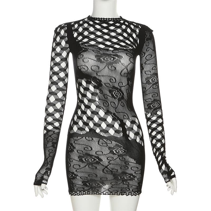 Crew Neck Long Sleeve Floral Lace Fishnet Panel Bodycon Mini Dress 2