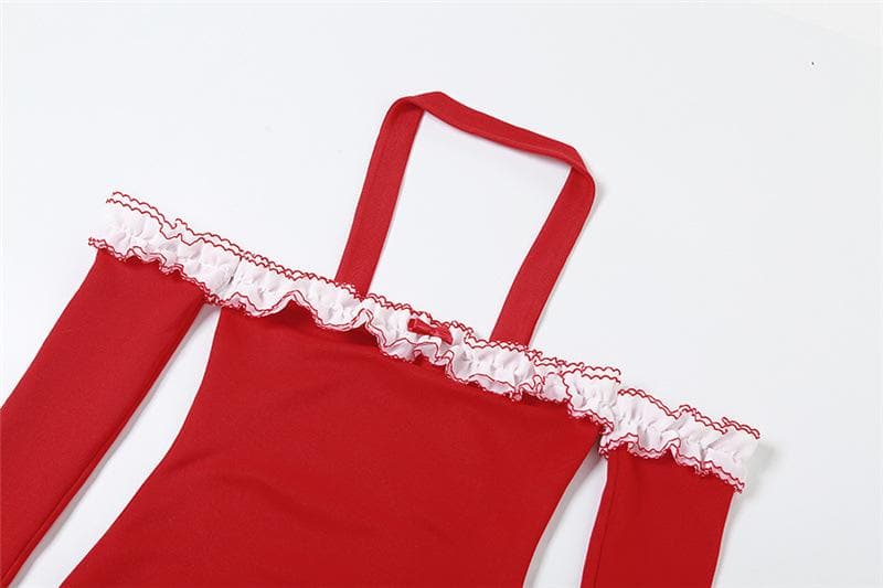 Ruffle Trim Tube Halter Glove Sleeve Irregular Slit Mini Dress 4