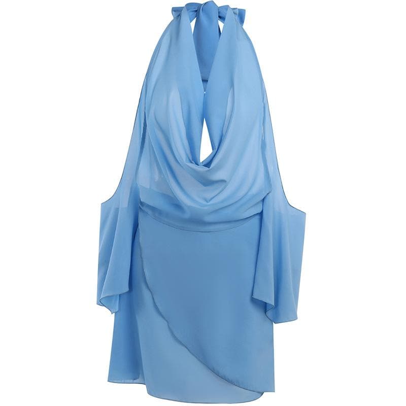 Off Shoulder Halter Cowl Neck Draped Cape Sleeve Mini Dress