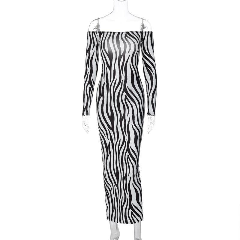 Off Shoulder Long Sleeve Zebra Print Bodycon Maxi Dress 2