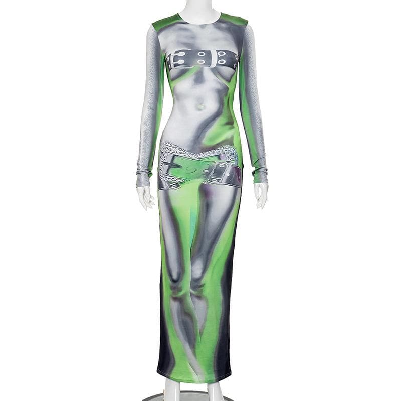 Crew Neck Long Sleeve Body Print Harness Belt Illusion Maxi Dress 2