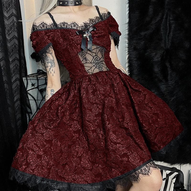 Hollow Out Off Shoulder Short Sleeve Crucifix Applique Bowknot Lace Hem Mini Dress 9