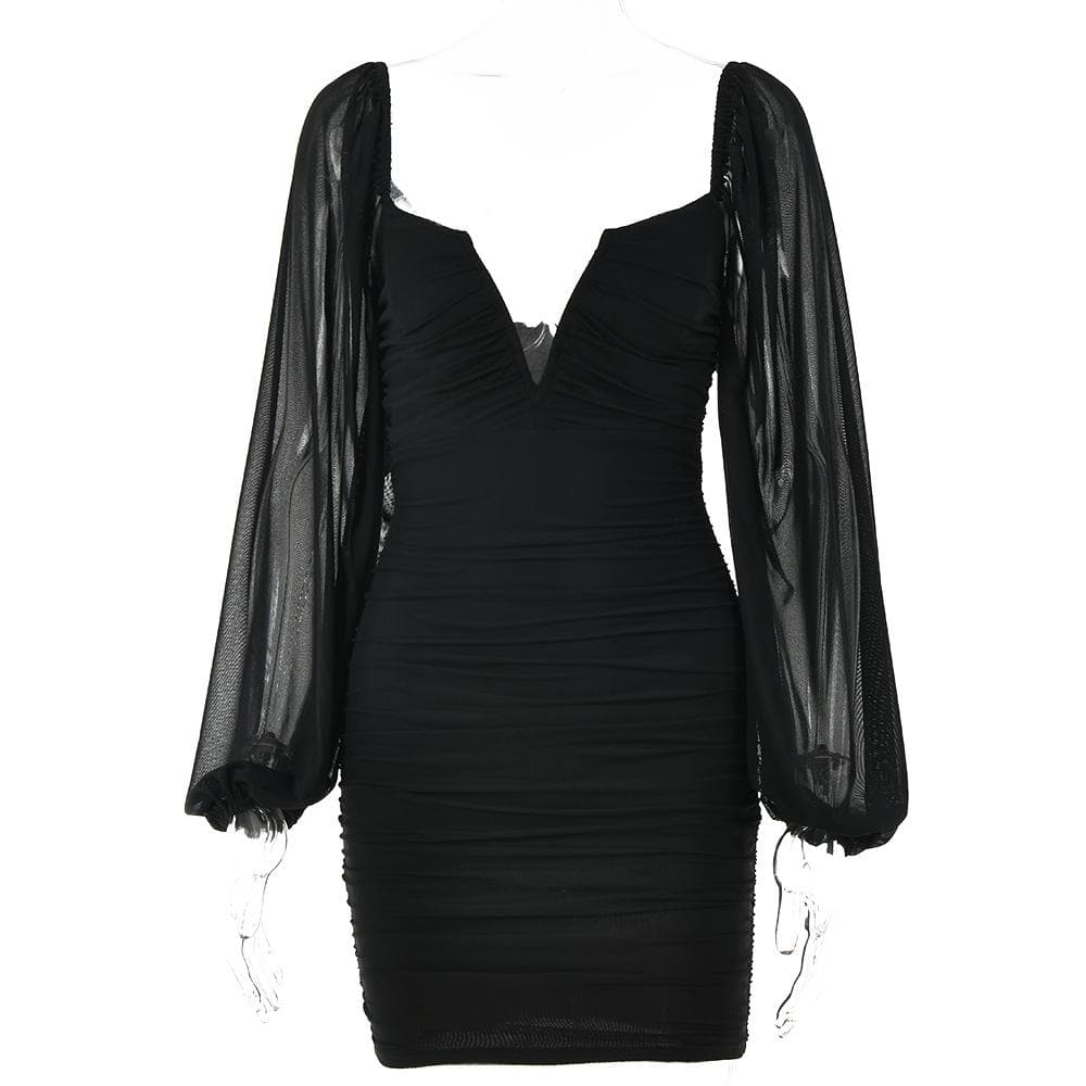Strapless V-Notch Off Shoulder Puff Sleeve Ruched Mesh Mini Dress 6