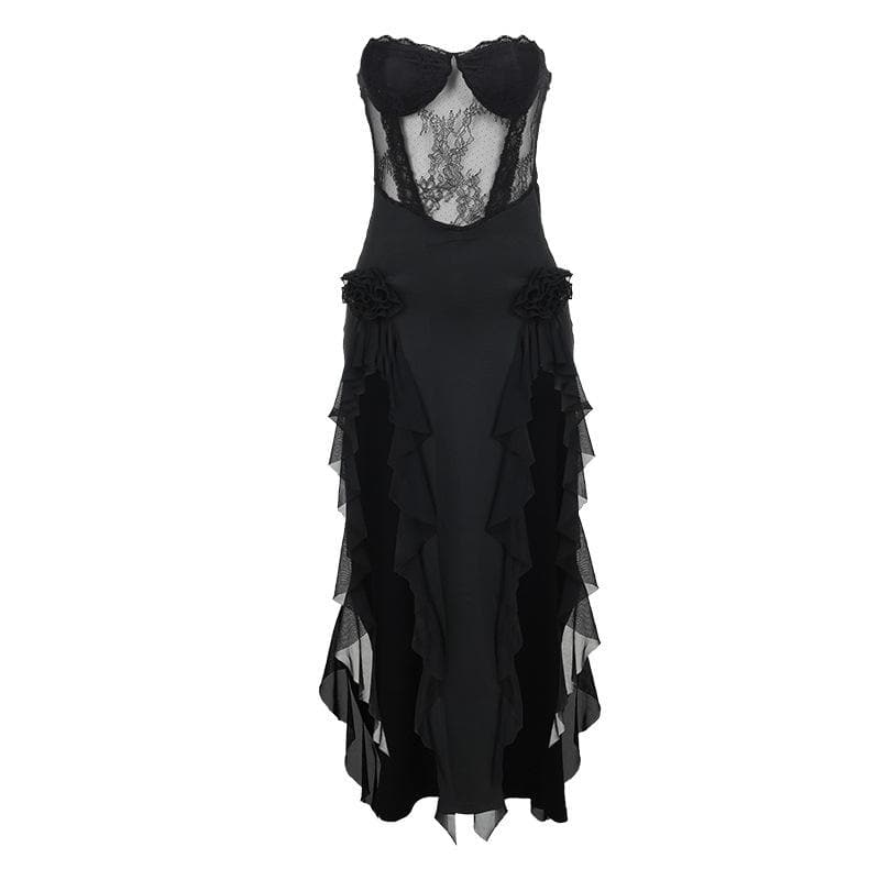 Strapless Corset Lace Floral Hip Ruffle Cascade Maxi Dress