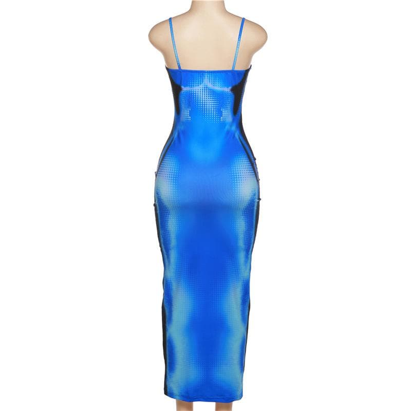 Square Neck Spaghetti Strap Trompe Loeil Contour Print Bodycon Maxi Dress 5