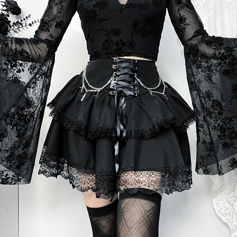 Ruched Lace Hem Chain Detail Lace Up Tiered Mini Skirt