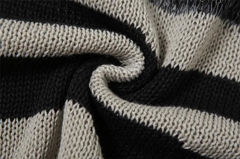 Crew Neck Distressed Open Knit Glitch Stripe Rib Knit Mini Dress 8