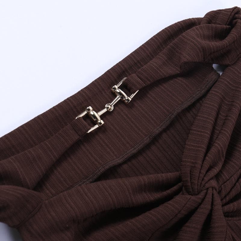 Off Shoulder Rib Knit Twist Knot Hardware Detail Bodycon Mini Dress 8
