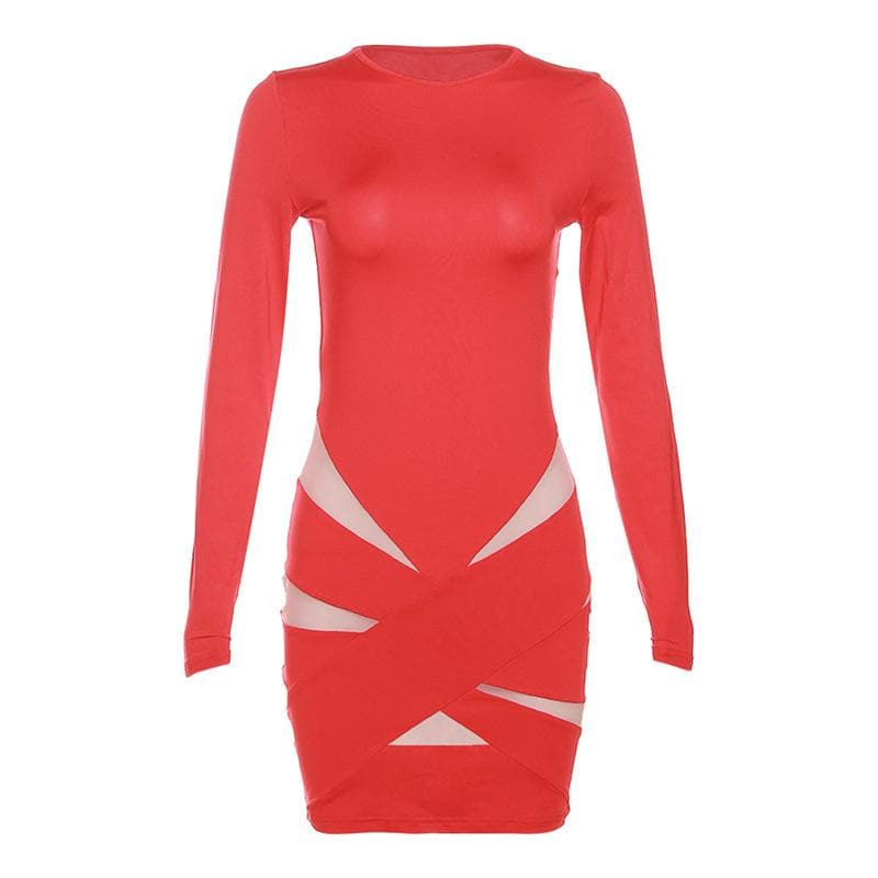 Mesh Long Sleeve Crewneck Criss Cross Cut Out Mini Dress