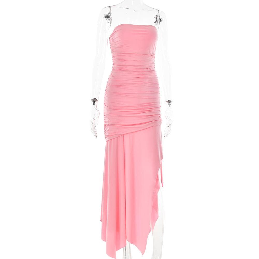 Strapless Ruched Waist High Slit Bodycon Maxi Dress 4