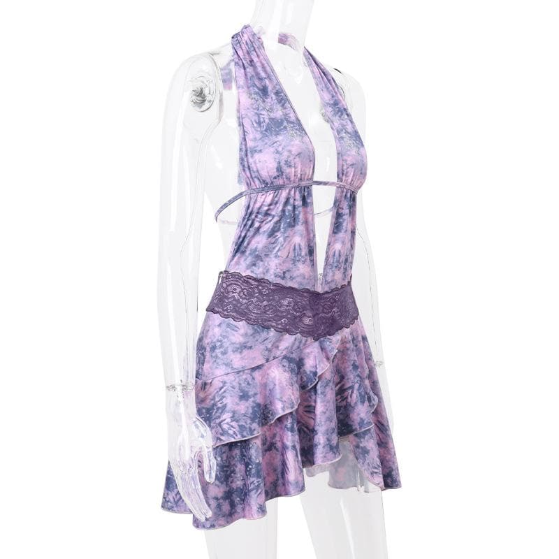 Halter Deep V Neck Lace Waist Ruffle Skirt Tie Dye Mini Dress 3