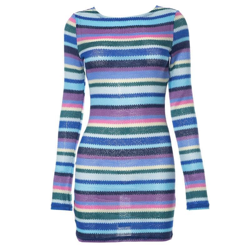 Boat Neck Long Sleeve Horizontal Stripe Knit Bodycon Mini Dress 2