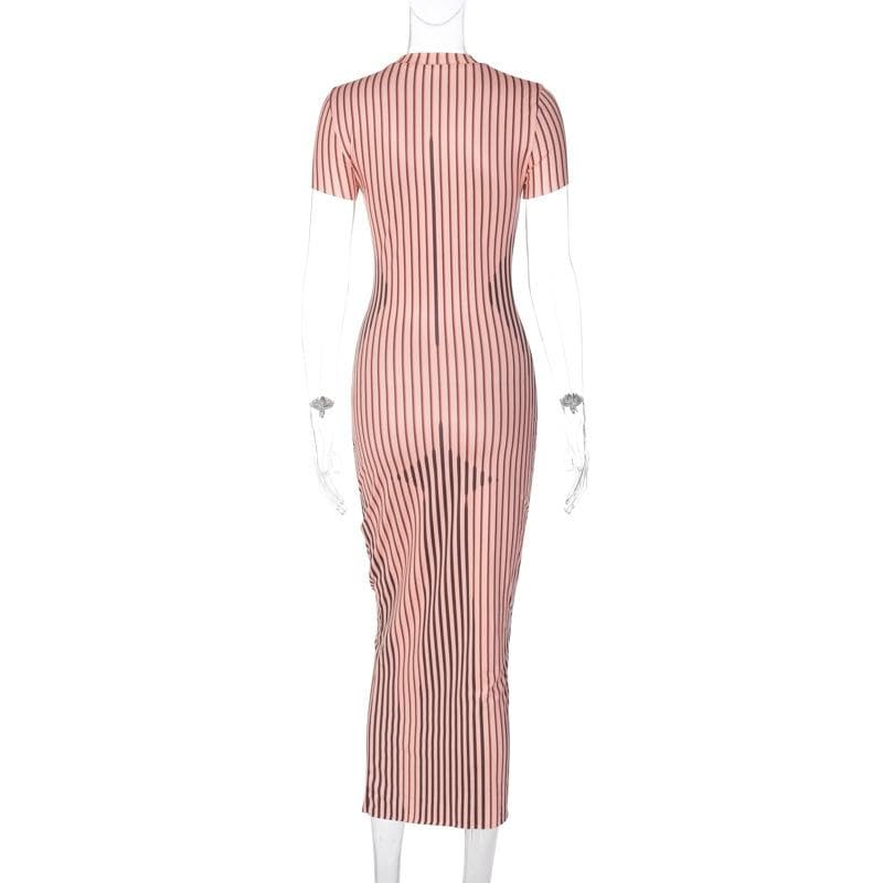 Optical Illusion Body Map Stripe Contrast Crew Neck Cap Sleeve Maxi Dress 9