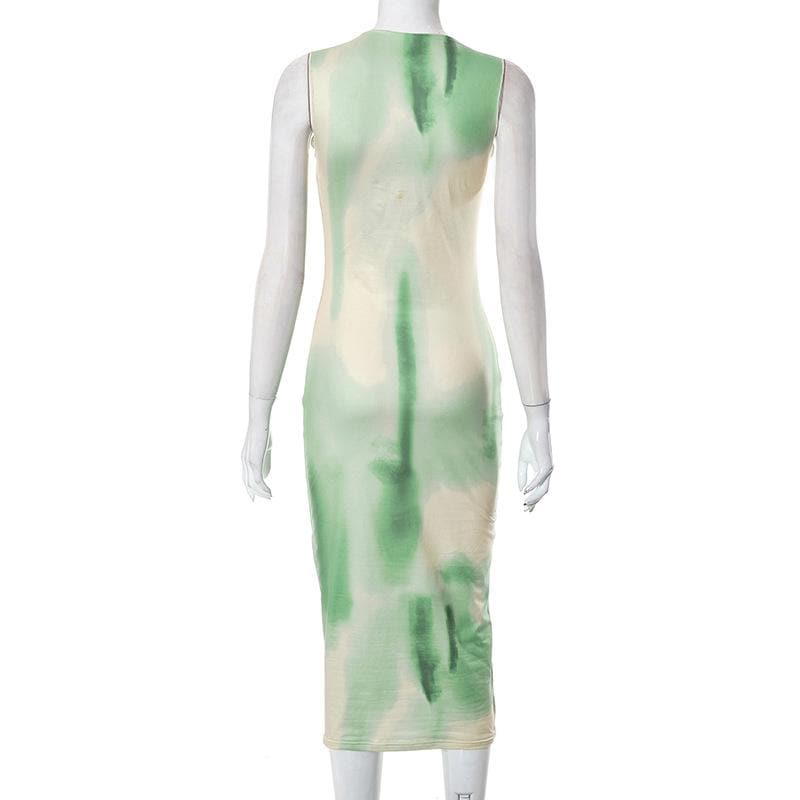 Mock Neck Sleeveless Abstract Tie Dye Bodycon Midi Dress 4