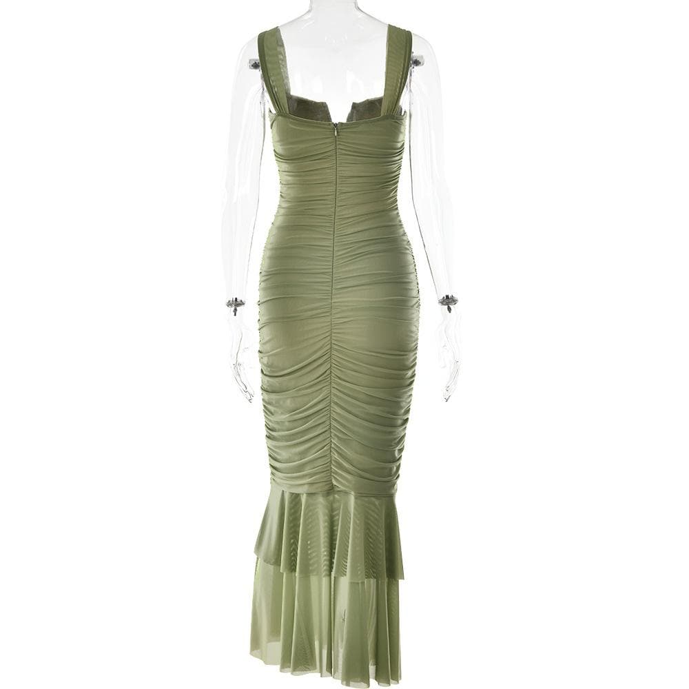 Wide Strap Cutout Bust Ruched Bodice Tiered Mesh Ruffle Hem Maxi Dress 8